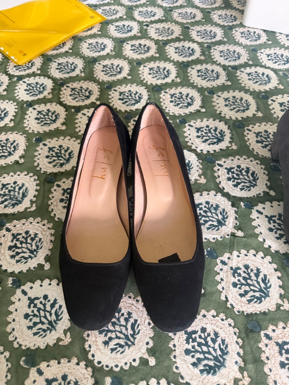 French Sole Black Suede Block Heel Pumps